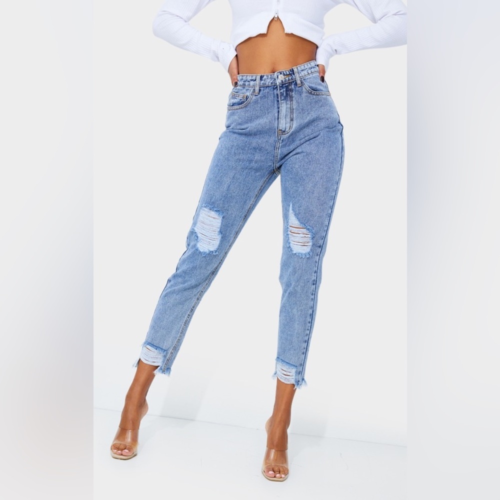 PrettyLittleThing Raw Hem Knee Rip Slim Fit Mom Jeans size US 0 - Picture 7 of 9